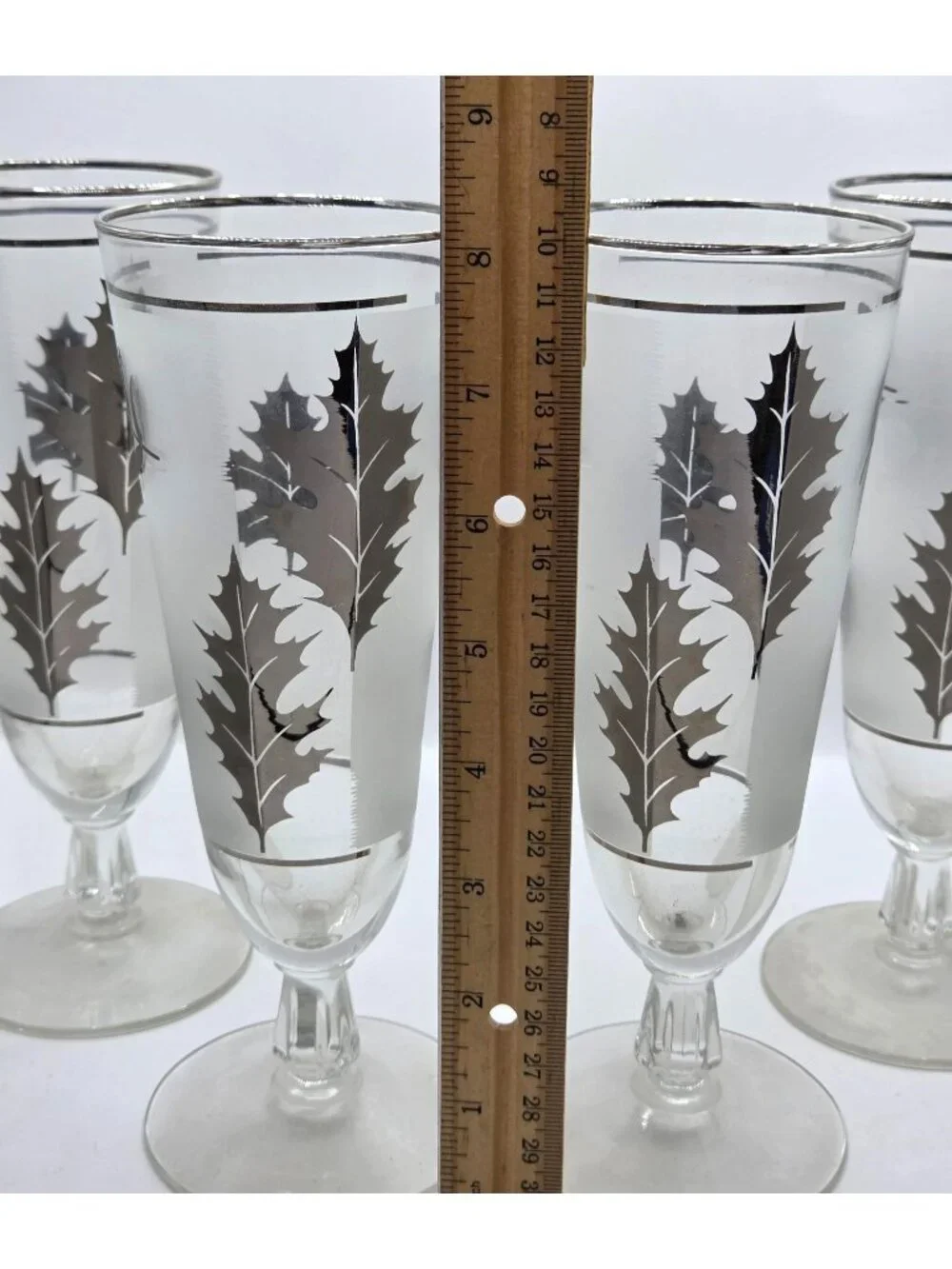 Vtg Libbey Silver Foliage Leaf Footed Pilsner Glasses Set Of 4 Frosted Champagne - Picture 10 of 12